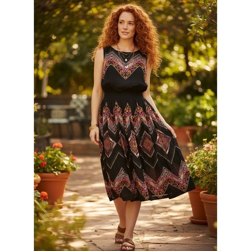 Anthropologie x Tanvi‎ Kedia Black Midi Dress Geometric Print Embroidery Boho 12